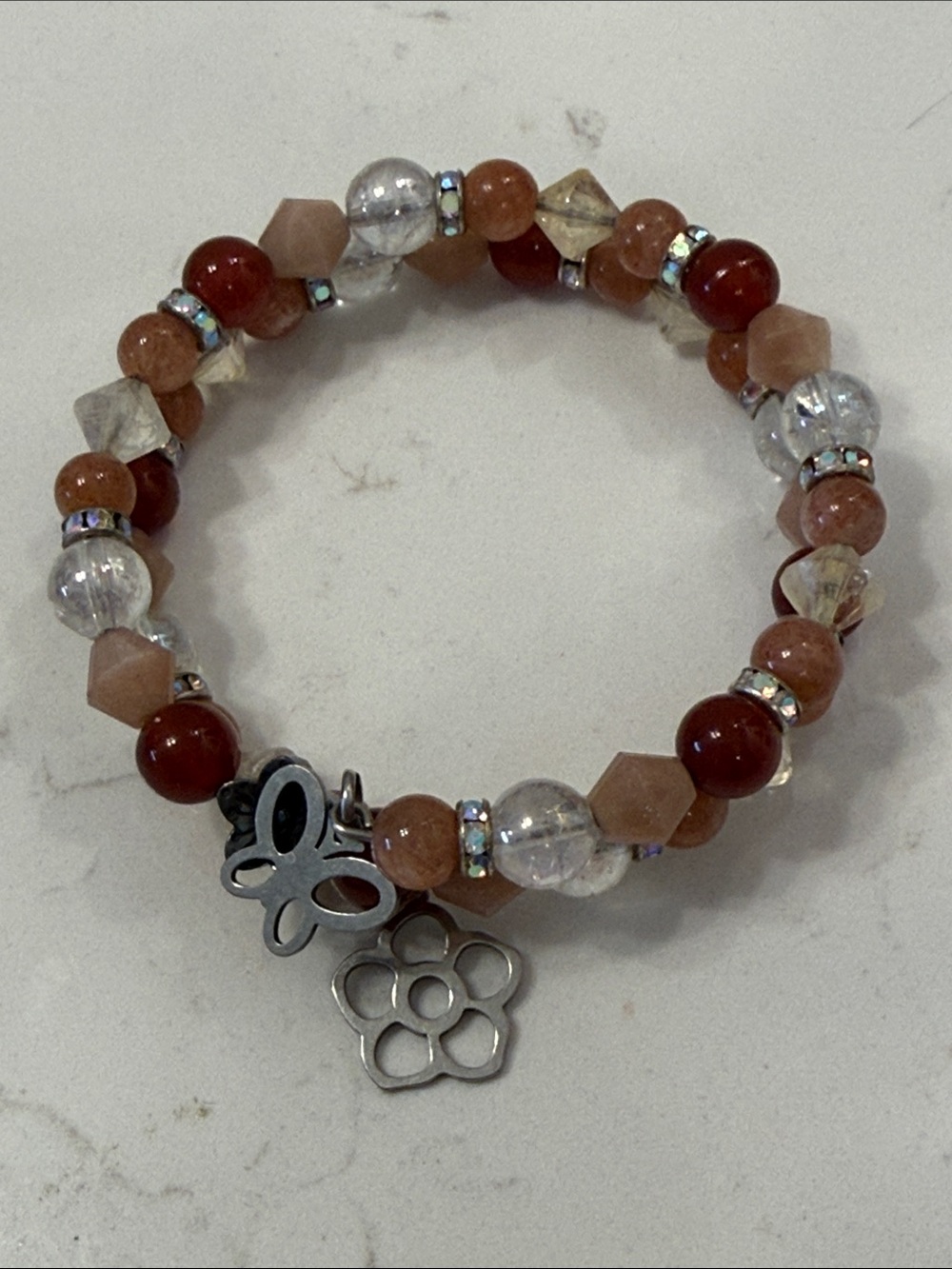Beaded Flower & Butterfly Charm Bracelet - Brown and Clear